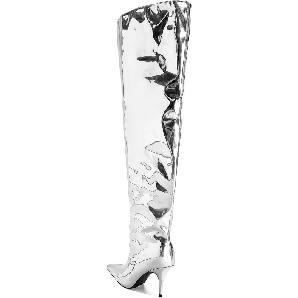 🆕Women Silver Faux Leather Wide Calf Thigh High Heeled Stiletto Cone Heel Boot